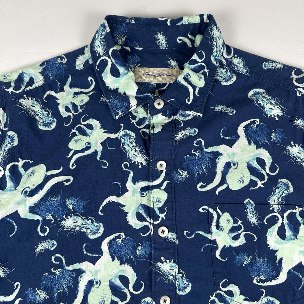 Tommy Bahama Octopus Jellyfish Hawaiian Shirt L Navy Blue Cotton Camp Aloha